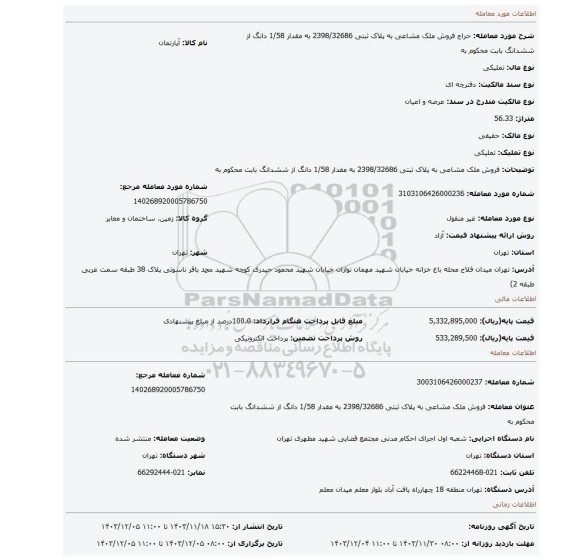 مزایده، فروش ملک مشاعی به پلاک ثبتی 2398/32686 به مقدار 1/58 دانگ از ششدانگ بابت محکوم به