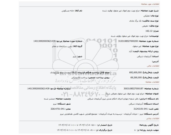 مزایده، حراج نوبت دوم اموال غیر منقول توقیف شده