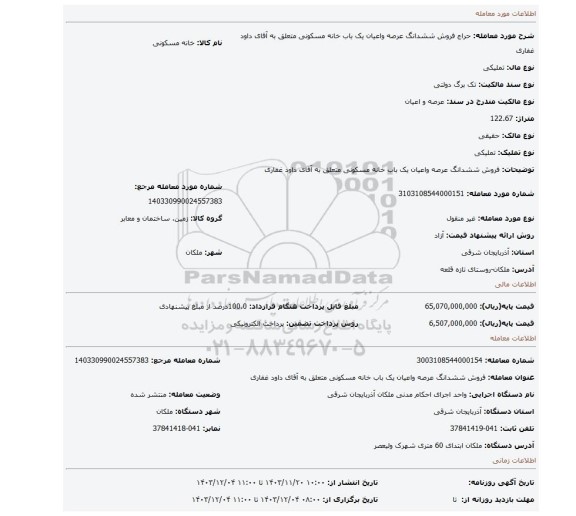 مزایده، فروش ششدانگ عرصه واعیان یک باب خانه مسکونی متعلق به آقای داود غفاری