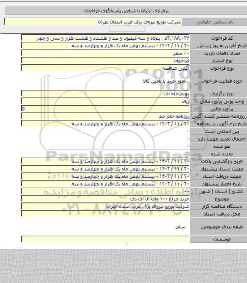 مناقصه, خرید چراغ ۱۰۰ وات  ال ای دی