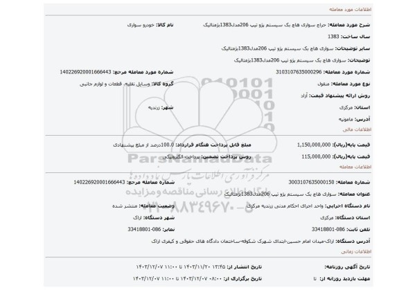 مزایده، سواری هاچ بک سیستم پژو تیپ 206مدل1383بژمتالیک