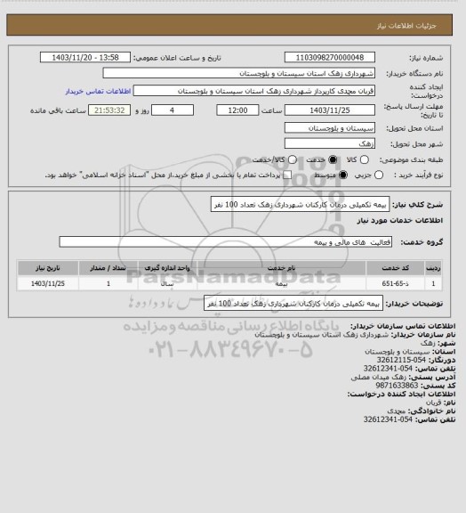 استعلام بیمه تکمیلی درمان کارکنان شهرداری زهک تعداد 100 نفر