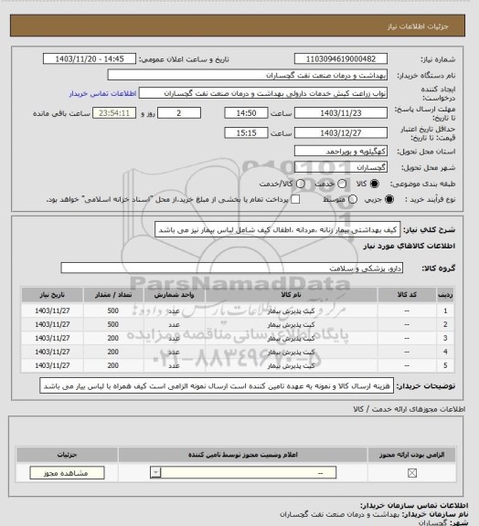 استعلام کیف بهداشتی بیمار زنانه ،مردانه ،اطفال
کیف شامل لباس بیمار نیز می باشد
