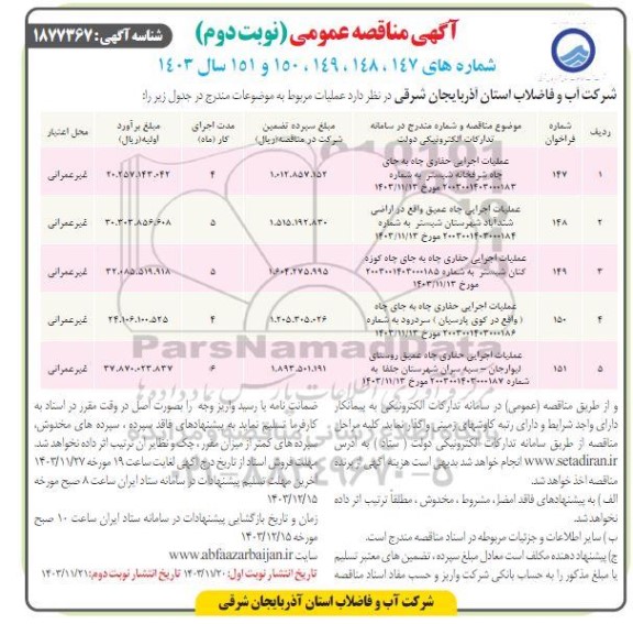 مناقصه عملیات اجرایی حفاری چاه ....- نوبت دوم
