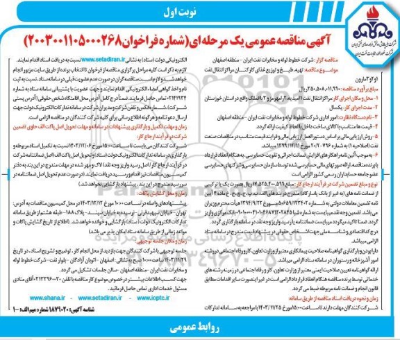 مناقصه تهیه، طبخ و توزیع غذای کارکنان مراکز انتقال نفت