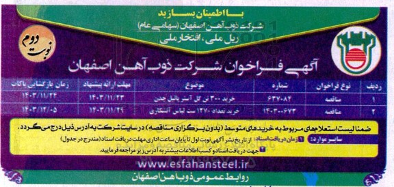 فراخوان خرید 300 تن گل آستر پاتیل چدن... نوبت دوم