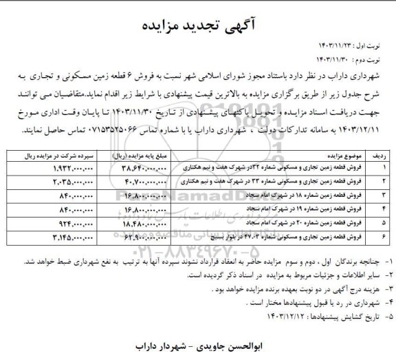 تجدید مزایده فروش 6 قطعه زمین مسکونی و تجاری 