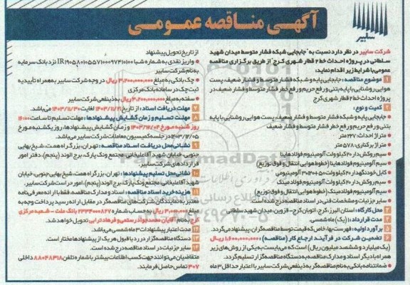 مناقصه جابجایی شبکه فشار متوسط میدان
