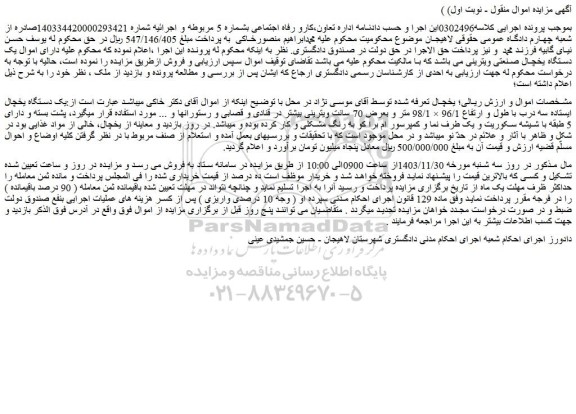 مزایده یک دستگاه یخچال ایستاده سه درب با طول و ارتفاع 96/1 × 98/1 متر و بعرض 70 سانت