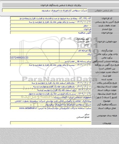 مناقصه, پیمانکاری حفاظت و نگهبانی اماکن تحت پوشش شرکت سفیدرود بصورت حجمی