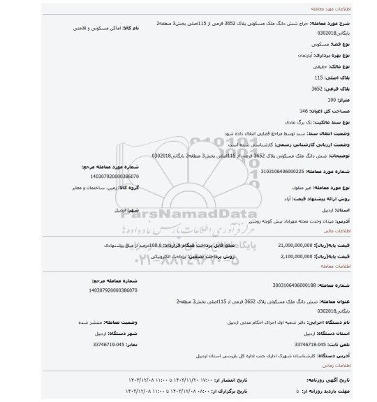 مزایده، شش دانگ ملک مسکونی پلاک 3652 فرعی از 115اصلی بخش3 منطقه2 بایگانی0302018