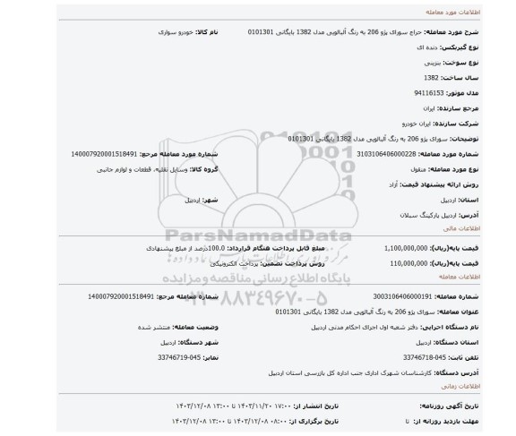 مزایده، سورای پژو 206 به رنگ آلبالویی مدل 1382 بایگانی 0101301