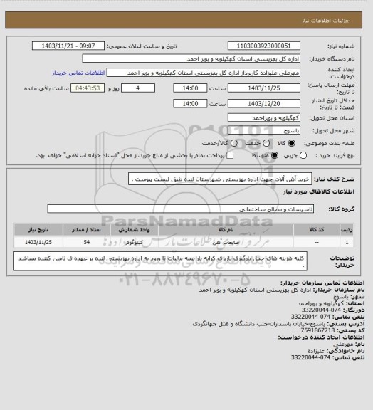 استعلام خرید آهن آلات جهت اداره بهزیستی شهرستان لنده طبق لیست پیوست .