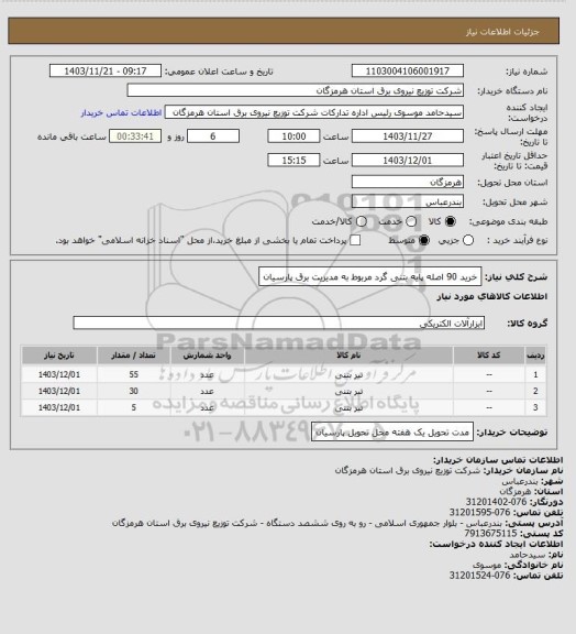 استعلام خرید 90 اصله پایه بتنی گرد مربوط به مدیریت برق پارسیان
