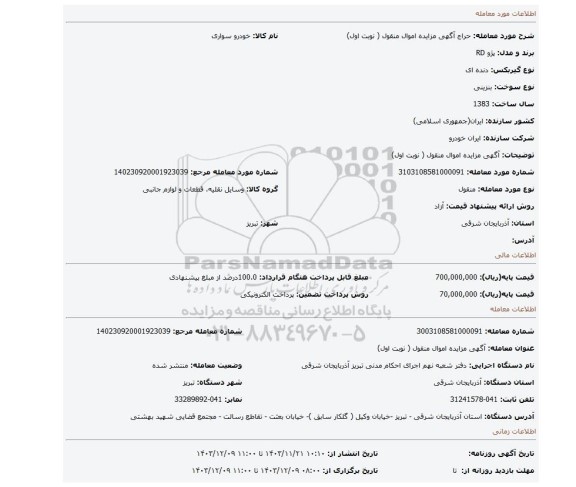 مزایده، آگهی مزایده اموال منقول ( نوبت اول)