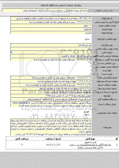 مزایده, فروش خودروی پژو ۴۰۵ جی ال ایکس مدل ۱۳۸۵