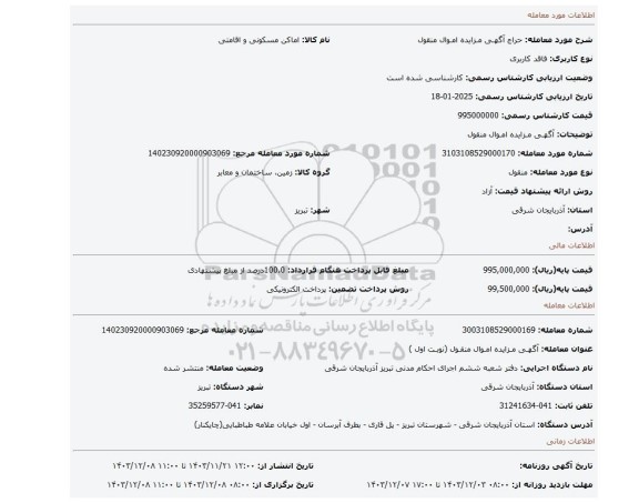 مزایده، آگهـی مـزایده امـوال منقول
