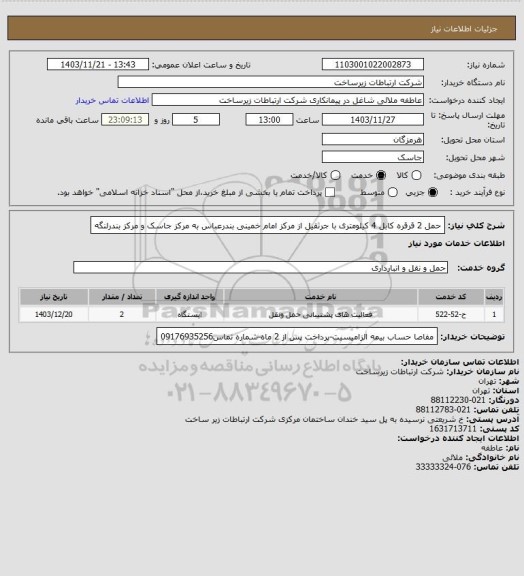 استعلام حمل 2 قرقره کابل 4 کیلومتری با جرثقیل از مرکز امام خمینی بندرعباس به مرکز جاسک و مرکز بندرلنگه