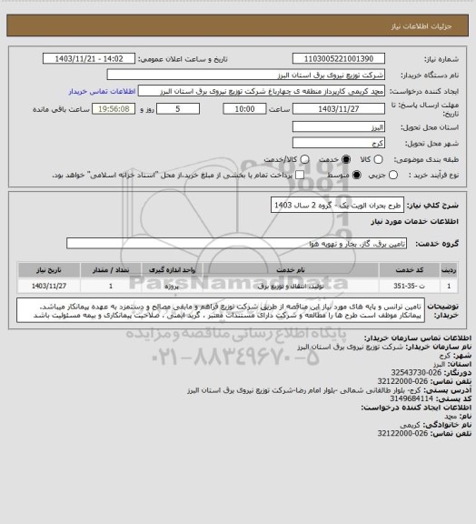 استعلام طرح بحران الویت یک - گروه 2 سال 1403