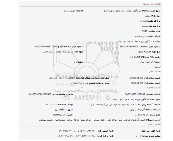 مزایده، آگهی مزایده اموال منقول ( نوبت اول)