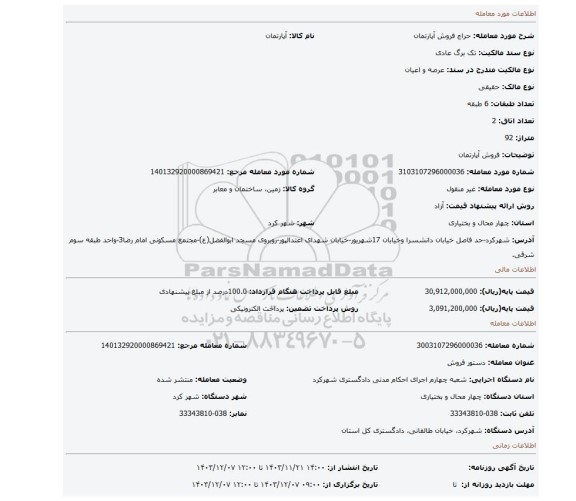 مزایده، فروش آپارتمان