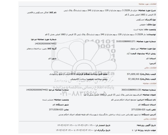 مزایده، دار 3229/ 3 سهم مشاع از 120 سهم مشاع از 240 سهم ششدانگ پلاک ثبتی 15 فرعی از 1663 اصلی بخش 2 قم