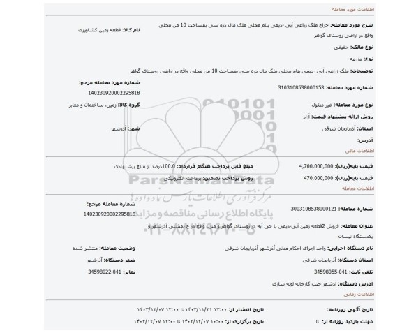 مزایده، ملک زراعی آبی -دیمی بنام محلی ملک مال دره سی بمساحت 10 من محلی واقع در اراضی روستای گواهر