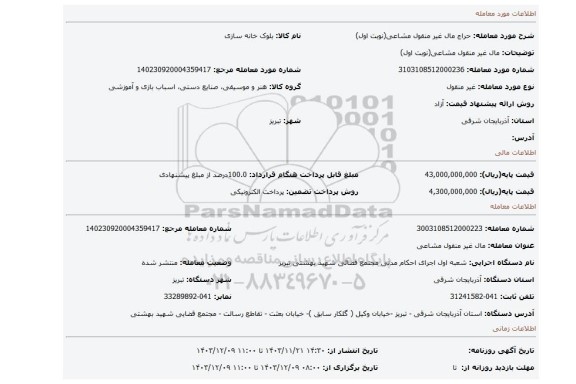مزایده، مال غیر منقول مشاعی(نوبت اول)