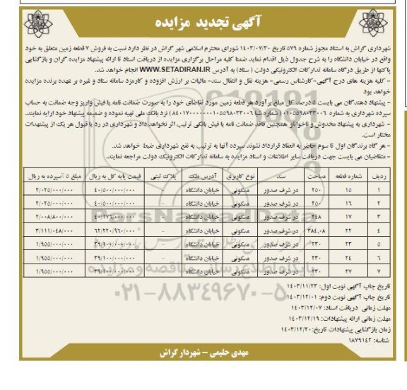 مزایده فروش 7 قطعه زمین مسکونی - تجدید