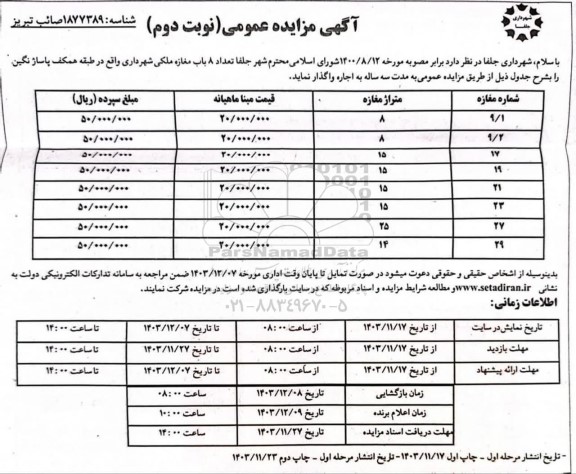 مزایده اجاره 8 باب مغازه نوبت دوم
