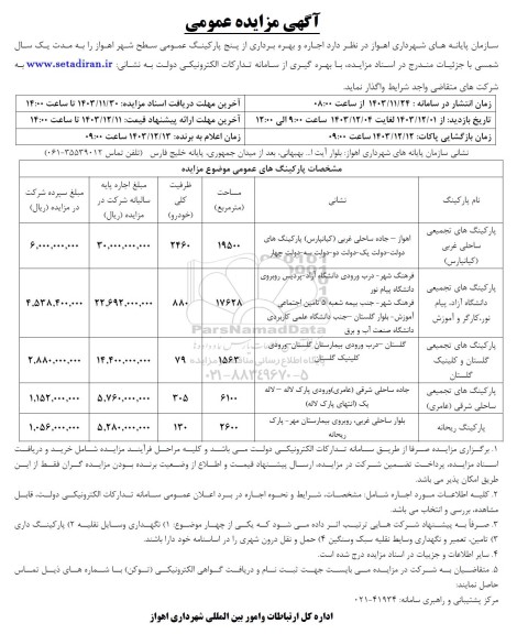 مزایده اجاره و بهره برداری از پنج پارکینگ عمومی سطح شهر