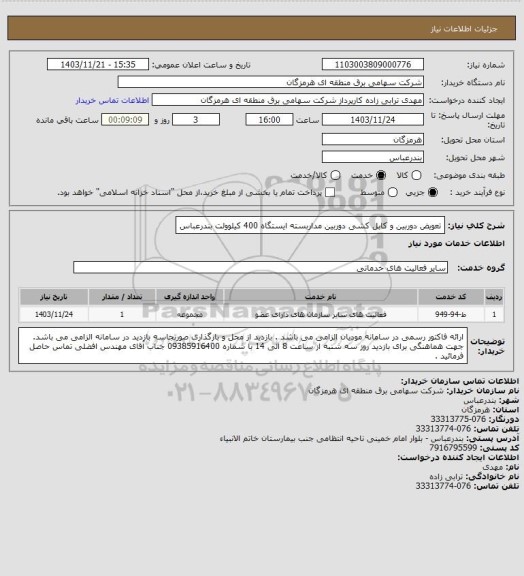 استعلام تعویض دوربین و کابل کشی دوربین مداربسته ایستگاه 400 کیلوولت بندرعباس