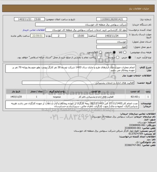 استعلام انجام عملیات صورتبرداری انبارهای طرح و جاری سال 1403 شرکت توسط 30 نفر کارگر روزمزد
بطور متوسط روزانه 70 نفر بر عهده پیمانکار می باشد