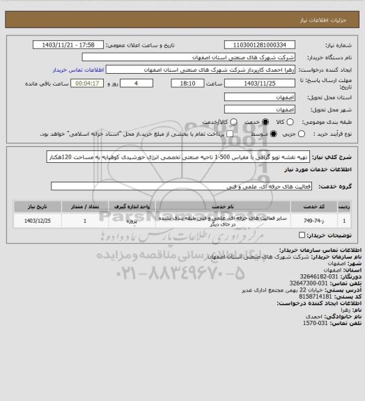 استعلام تهیه نقشه توپو گرافی با مقیاس 500-1 ناحیه صنعتی تخصصی انرژی خورشیدی کوهپایه به مساحت 120هکتار