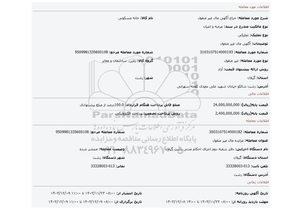 مزایده، آگهی مال غیر منقول