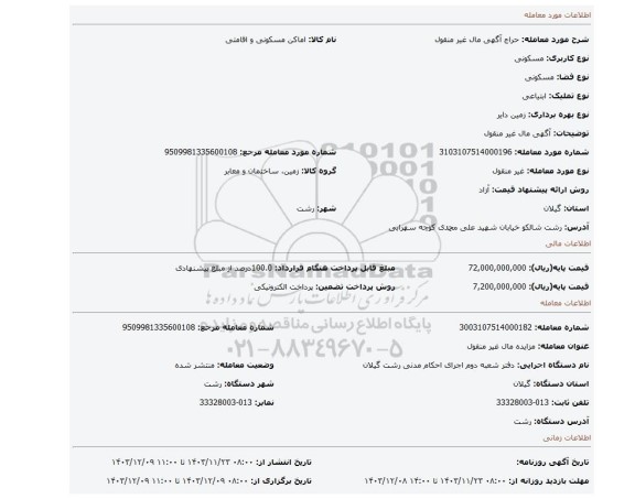 مزایده، آگهی مال غیر منقول