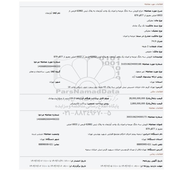 مزایده، فروش سه دانگ عرصه و اعیان یک واحد آپارتمان به پلاک ثبتی 62882 فرعی از 6933 اصلی مفروز از 877و 879