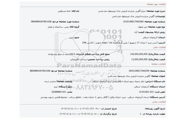 مزایده، آگهـی مـزایـده فـروش مـال غیرمنقول مشـاعـی