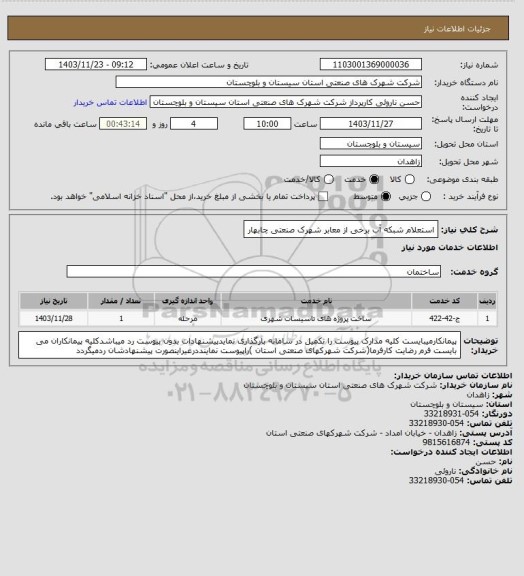 استعلام استعلام شبکه آب برخی از معابر شهرک صنعتی چابهار