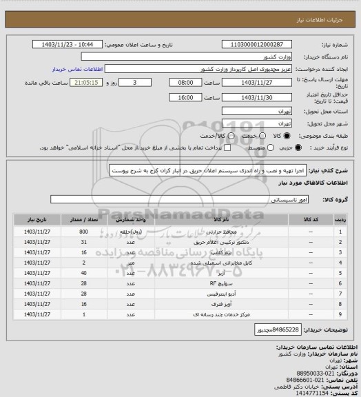 استعلام اجرا تهیه و نصب و راه اندزی سیستم اعلان حریق در انبار کران کرج به شرح پیوست