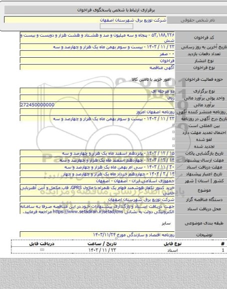مناقصه, خرید کنتور تکفاز هوشمند فهام یک همراه با ماژول GPRS، قاب مکمل و آنتن آهنربایی جانبی
