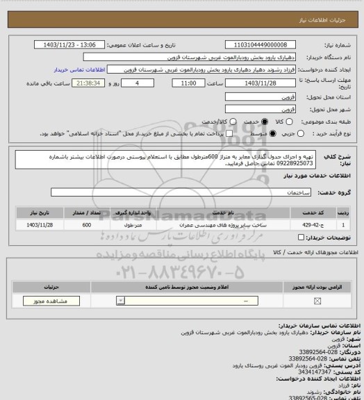 استعلام تهیه و اجرای جدول گذاری معابر به متراژ 600مترطول مطابق با استعلام پیوستی درصورت اطلاعات بیشتر باشماره 09228925073 تماس حاصل فرمایید.