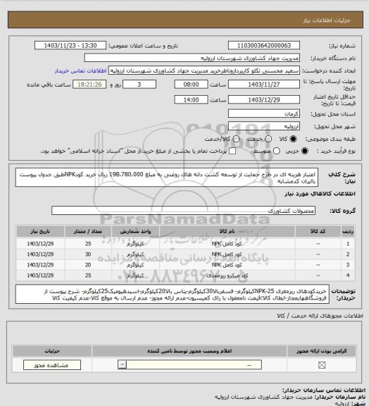 استعلام اعتبار هزینه ای در طرح حمایت از توسعه کشت دانه های روغنی به مبلغ 198،780،000 ریال خرید کودNPKطبق جدول پیوست باایران کدمشابه