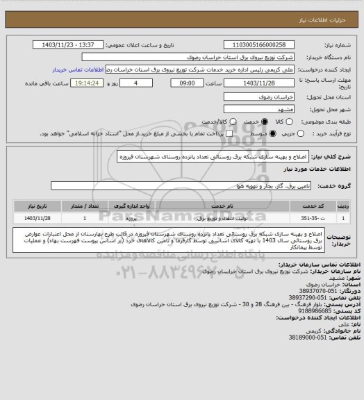 استعلام اصلاح و بهینه سازی شبکه برق روستائی تعداد پانزده روستای شهرستان فیروزه