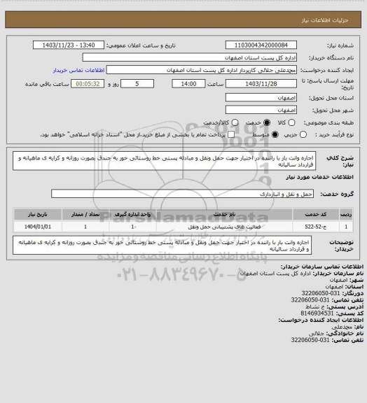 استعلام اجاره وانت بار با راننده در اختیار جهت حمل ونقل و مبادله پستی خط روستائی خور به جندق بصورت روزانه و کرایه ی ماهیانه و قرارداد سالیانه