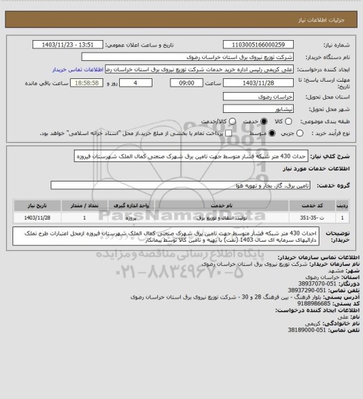 استعلام حداث 430 متر شبکه فشار متوسط جهت تامین برق  شهرک صنعتی کمال الملک شهرستان فیروزه