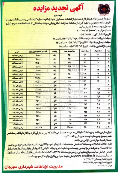  مزایده فروش تعدادی از قطعات مسکونی -نوبت دوم
