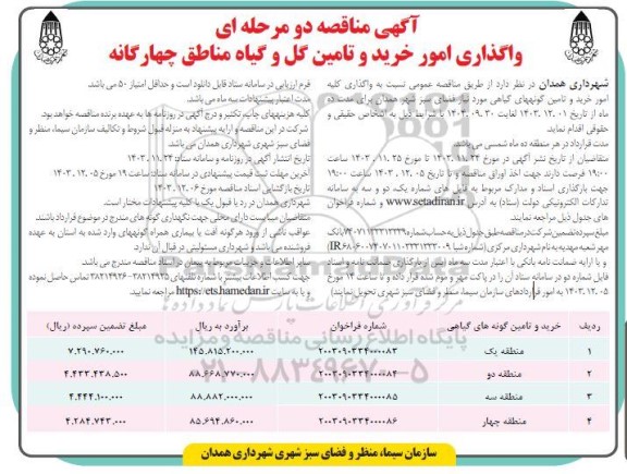 مناقصه  واگذاری امور خرید و تامین گل و گیاه مناطق چهارگانه