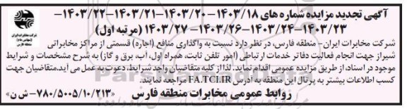 تجدید مزایده واگذاری منافع (اجاره) قسمتی از مراکز مخابراتی