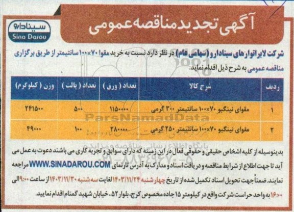 تجدید مناقصه خرید مقوا 70*100 سانتیمتر